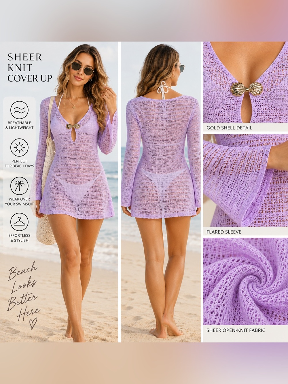 MOTF Lilac Sheer Open-Knit Beach Cover-Up with Gold Shell Accent